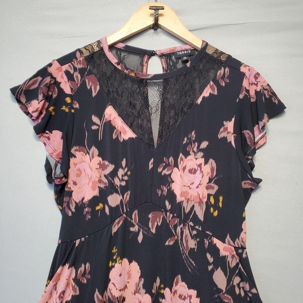 torrid Black Dress with Pink Floral Print Midi - Picture 3 of 12
